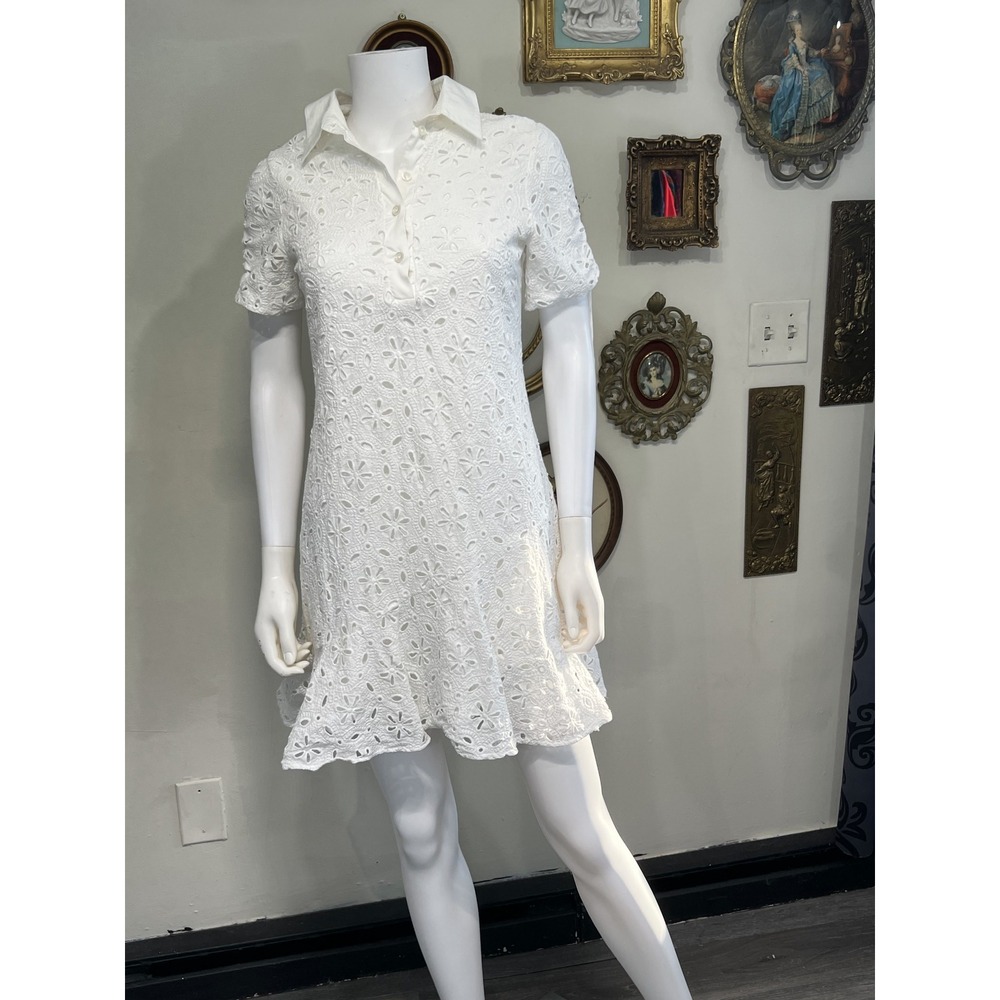 Shoshanna White Floral Eyelet Lace Collared Short Sleeve Mini Dress Size 4